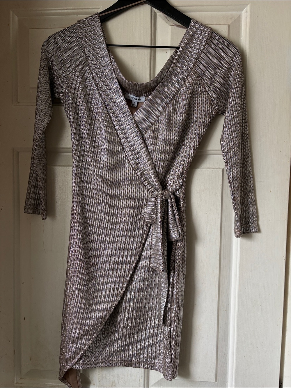 Fashion Nova Ribbed Metallic Wrap Knit Dress in Taupe